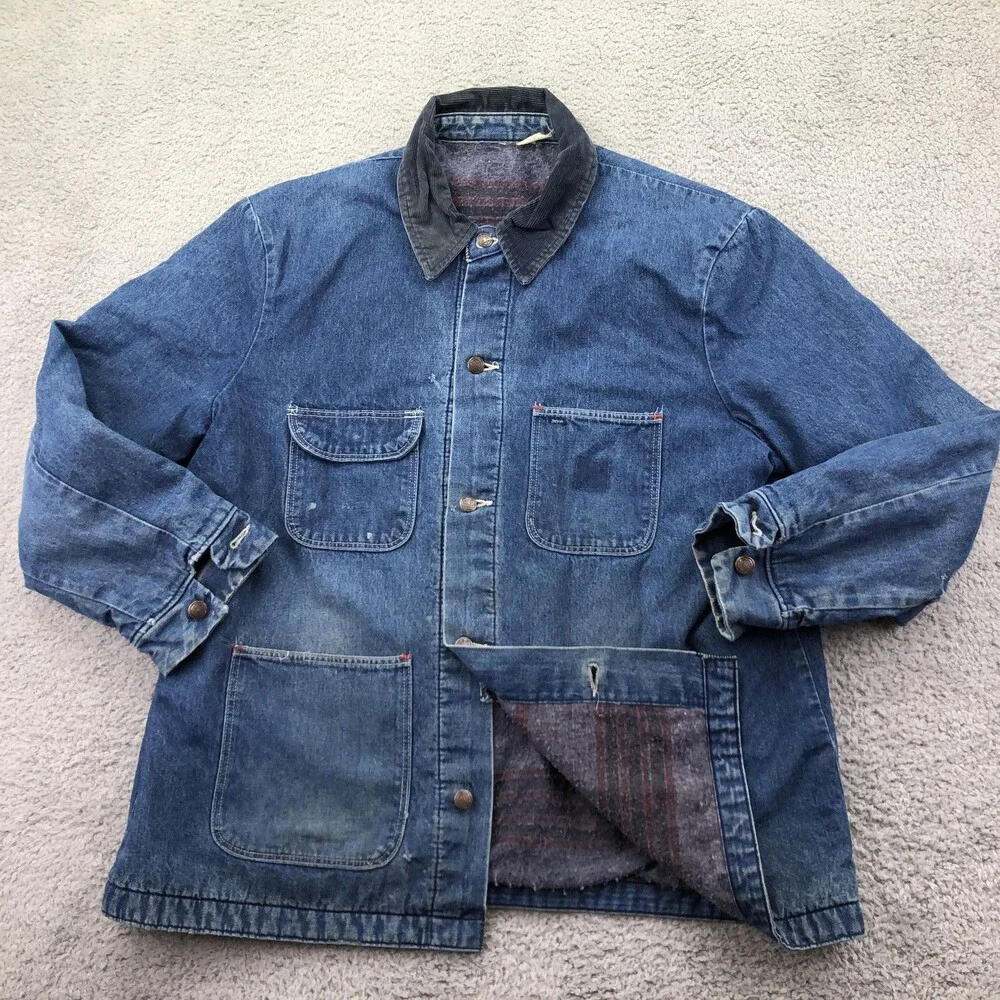 Vintage Denim Coat Mens 48 Blue Blanket Lined Chore Corduroy Collar USA Workwear